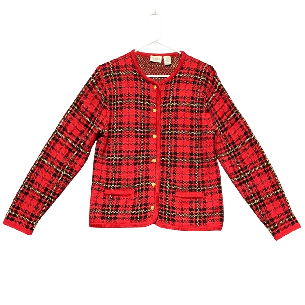 VTG Classic Elements Petite PS Red Tartan Plaid Cardigan Sweater Gold Buttons